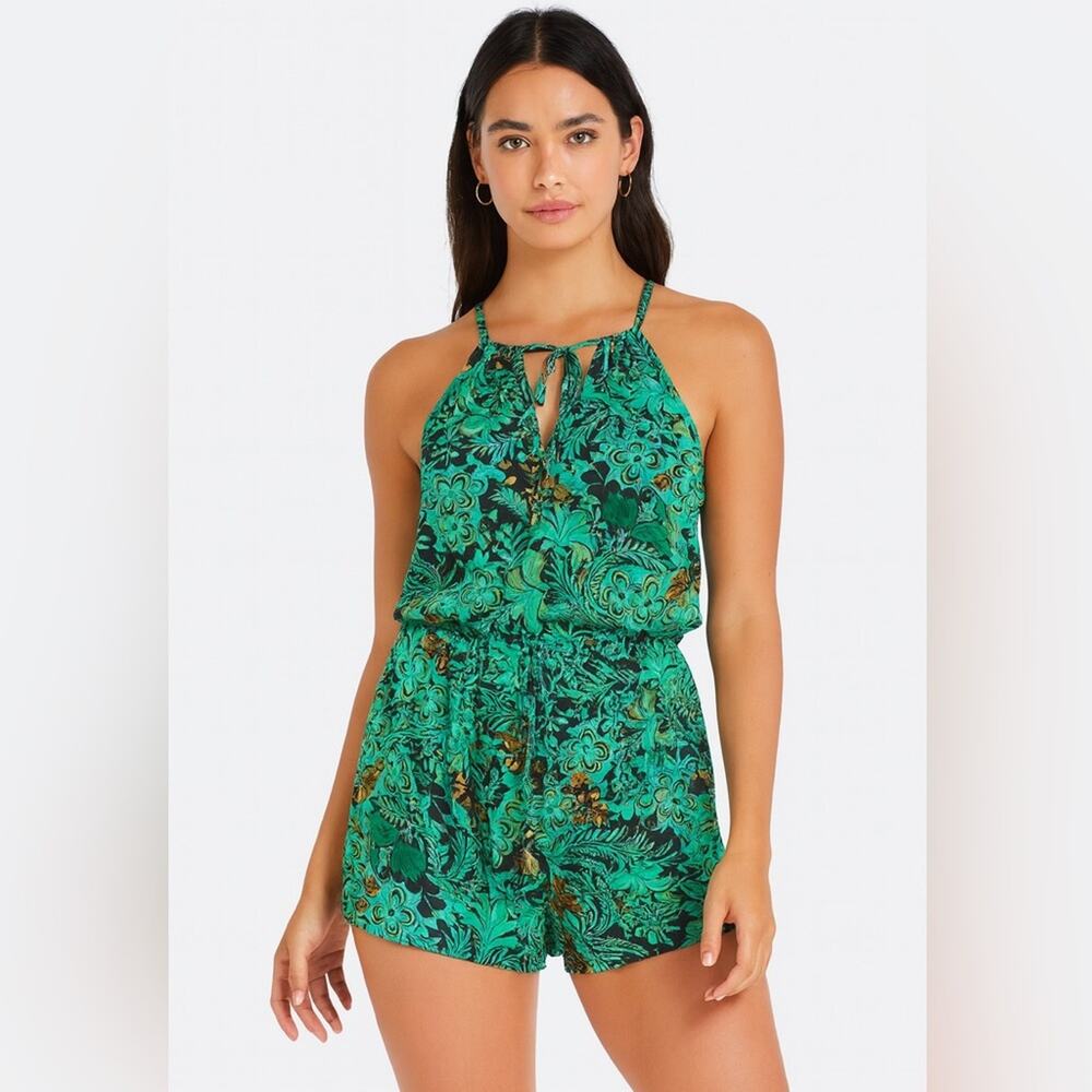 RAGA Green Floral Halter Romper NWT Size S Boho Resort Vacation - Picture 2 of 8